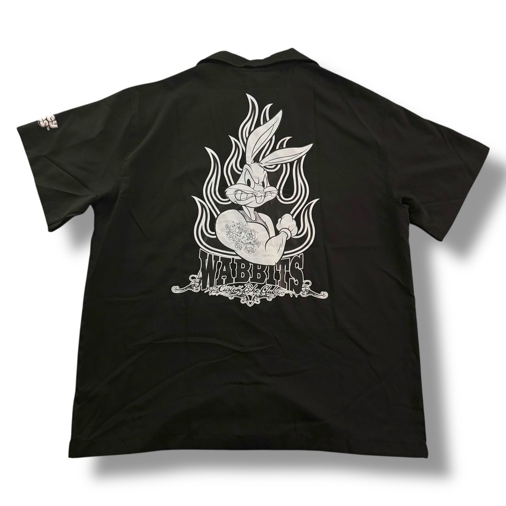 Looney Tunes Bugs Bunny Flames Camp Shirt Mens XL Black Short Sleeve Button Up‎